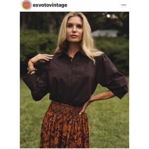 Chocolate  Brown Cotton Puff-sleeve button-down Top size‎ small New Ex Voto